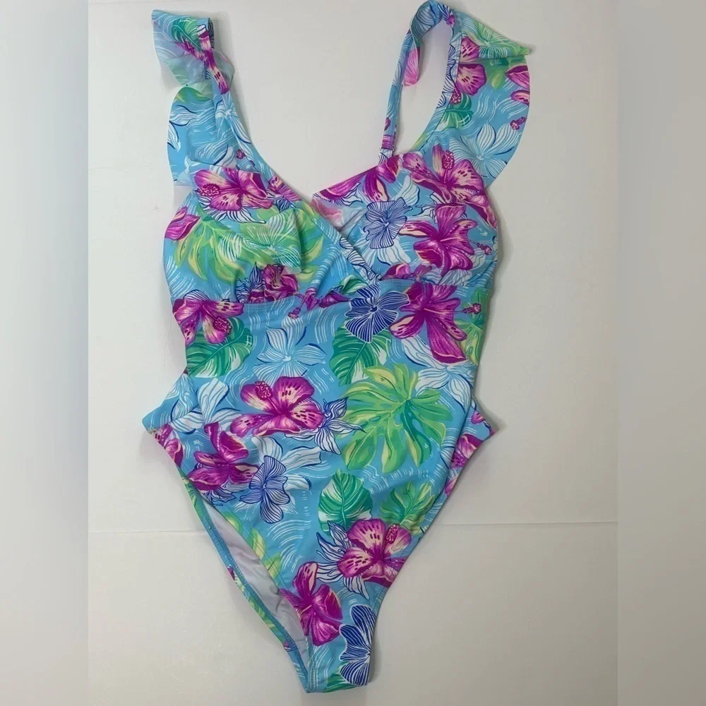 Stella Parker Ruffle Printed one piece bathing suit plus size 16 NWT